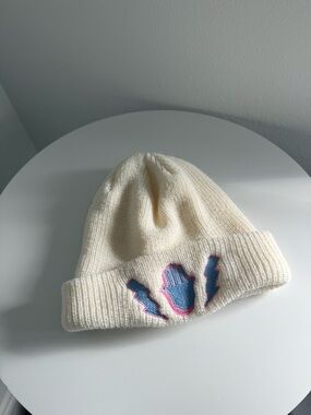 Cream Unisex Knit Beanie with Blue Hamsa Patch